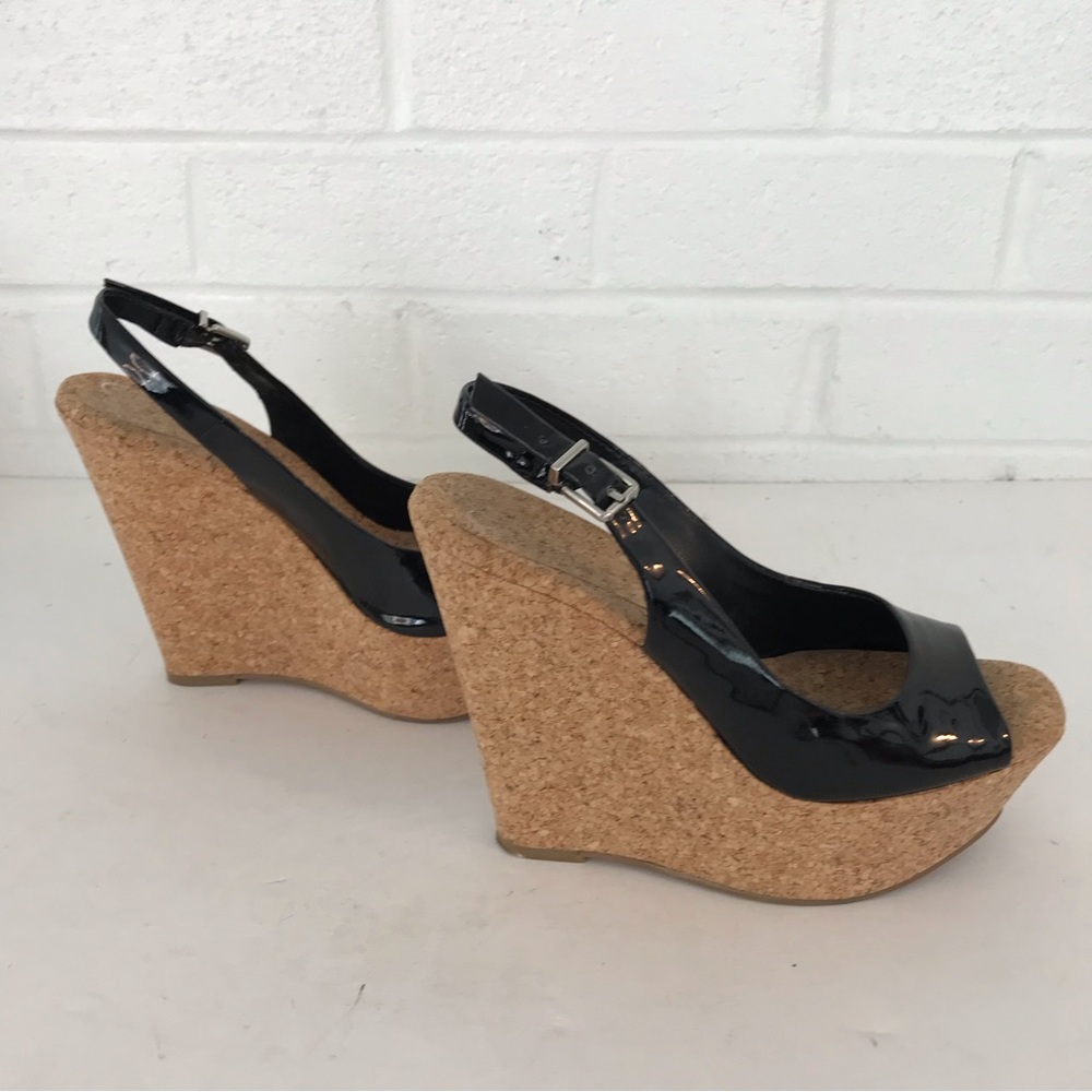 Jessica Simpson 4” Cork Wedge Black Leather Strappy Sandals Womens Shoes Sz 6b